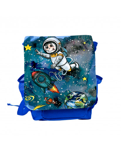 Kinderrucksack mit Astronaut Rakete Mond Sterne und Planeten im Weltraum kids backpack with astronaut space shuttle moon stars and planets in outer space kgn050