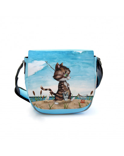 Kindergartentasche Kater Katze Kätzchen Angelkatze Angel angeln Fische Tasche blau Kindertasche Wunschname kgt41