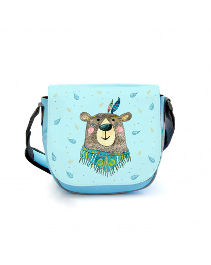 Kindergartentasche Boho mit Bär Braunbär Federschmuck Tasche blau mit Punkte Kindertasche Jungs kgt48