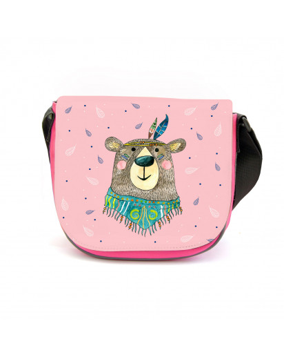 Kindergartentasche Boho mit Bär Braunbär Federschmuck Tasche rosa mit Punkte Kindertasche kgt49