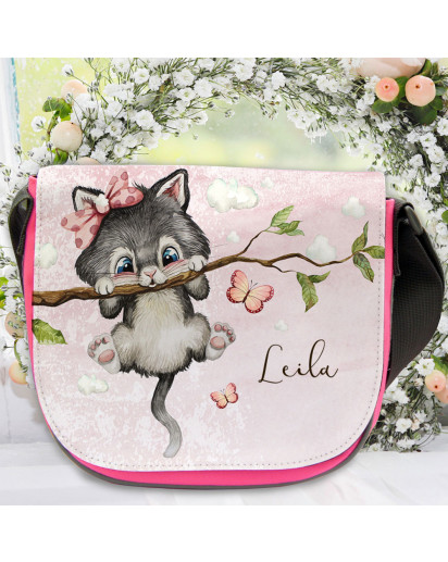 Kindergartentasche Katze Kätzchen auf Ast Schmetterlinge rosa Kindertasche Wunschname kgt56