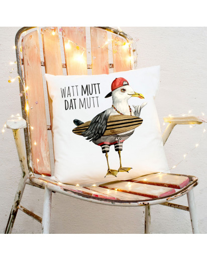 Kissen maritim mit Möwe & Spruch Dekokissen Zierkissen bedruckt mit Zitat Motto Slogan Watt Mutt Dat Mutt ks179