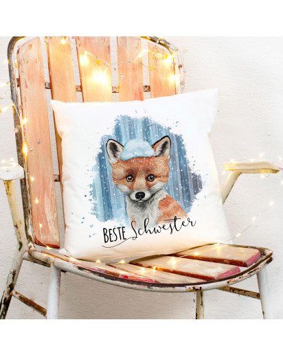 Kissen mit Fuchs im Schnee Dekokissen Zierkissen bedruckt mit Spruch Beste Schwester Spruchkissen ks231
