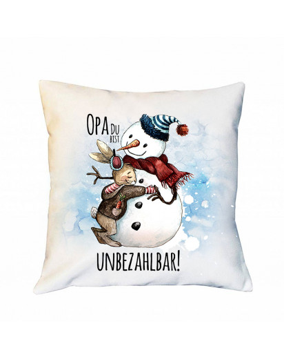 Kissen Hase mit Schneemann & Spruch Opa du bist unbezahlbar inklusive Füllung Dekokissen Zierkissen bedruckt Weihnachten ks242