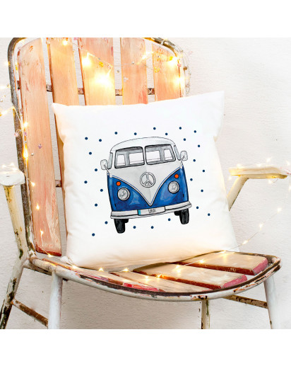 Kissen Motiv mit Bulli Bus blau Punkte Front vorne inkl Füllung Wunschname Name Dekokissen Zierkissen Motivkissen bedruckt ks246