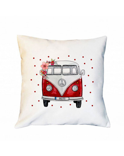 Kissen Motiv mit Bulli Bus rot Punkte Blumen Front vorne Wunschname Name inkl Füllung Dekokissen Zierkissen Motivkissen bedruckt ks247