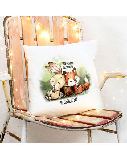 Kissen mit Hase & Fuchs Spruch Einfach Sorgen wegschlafen inklusive Füllung Dekokissen Zierkissen bedruckt ks257