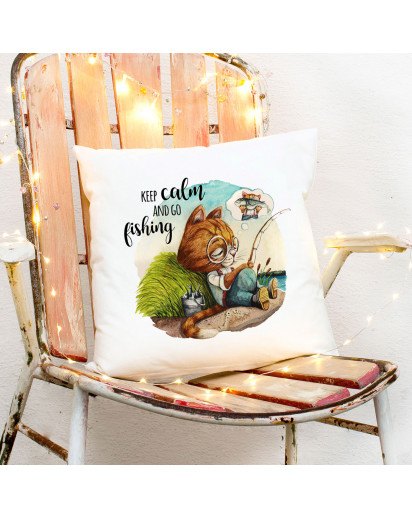 Kissen mit Kater Katze Kätzchen Angelkater Angel Spruch Keep calm and go fishing inkl Füllung Dekokissen Zierkissen ks286