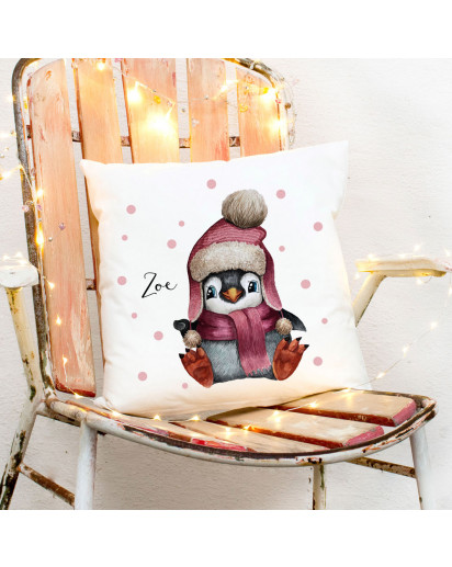 Kissen Pinguin mit Mütze & Name Wunschname inkl Füllung Dekokissen Zierkissen ks320