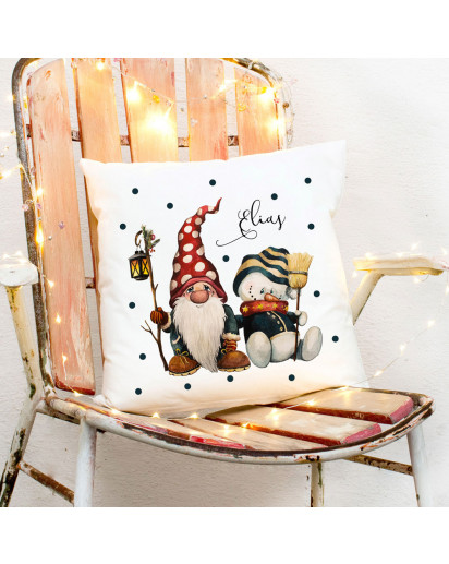 Kissen Zwerg Wichtel mit Schneemann & Name Wunschname inkl Füllung Dekokissen Zierkissen ks321