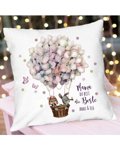 Kissen mit Spruch Mama du bist du Beste Hase Häschen Hortensienballon Wunschname inkl Füllung Dekokissen Zierkissen Motto bedruckt ks338