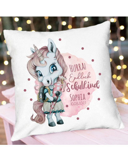 Kissen Einschulung Einhorn Mädchen rosa Schultüte Spruch Hurra endlich Schulkind & Name Datum Spruchkissen inkl Füllung Dekokissen bedruckt ks344