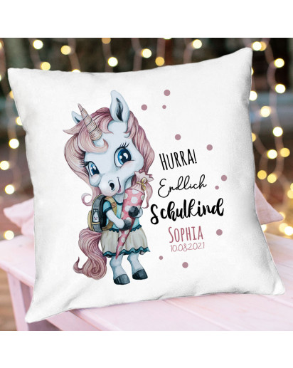 Kissen Einschulung Einhorn Mädchen rosa pink Schultüte Spruch Hurra endlich Schulkind & Name Datum Spruchkissen inkl Füllung Dekokissen bedruckt ks346