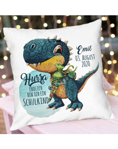 Kissen Einschulung Dino T-Rex Schultüte Spruch Hurra endlich Schulkind & Name Datum Spruchkissen inkl Füllung Dekokissen bedruckt ks348