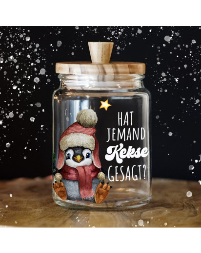 Keksglas Keksdose Pinguin hat hier jemand Kekse gesagt Vorratsglas mit lustigen Spruch und Holzdeckel Geschenk ksglb27