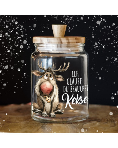 Keksglas Keksdose Rentier Elch Ich glaube du brauchst Kekse Vorratsglas mit lustigen Spruch und Holzdeckel Geschenk ksglb38