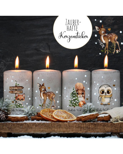 Kerzensticker Kerzentattoos Tattoofolie fröhliche Weihnachten Waldtiere Tiere für Kerzen oder Keramik A4 Bogen DIY Stickerbogen kst108