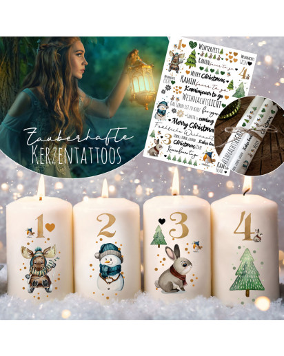 Kerzensticker Kerzentattoos Tattoofolie Weihnachten Christmas Advent Adventskerzen für Kerzen oder Keramik A4 Bogen DIY Stickerbogen für bis zu 40 Kerzen kst20