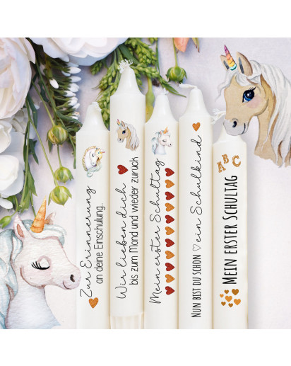 Kerzensticker Kerzentattoos Tattoofolie zur Einschulung Schulanfang Einhorn unicorn für Kerzen oder Keramik DIY A4 Stickerbogen kst83