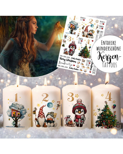 Kerzensticker Kerzentattoos Tattoofolie Weihnachten Winter Tiere Pinguin Schneemann für Kerzen oder Keramik A4 Bogen DIY Stickerbogen kst95