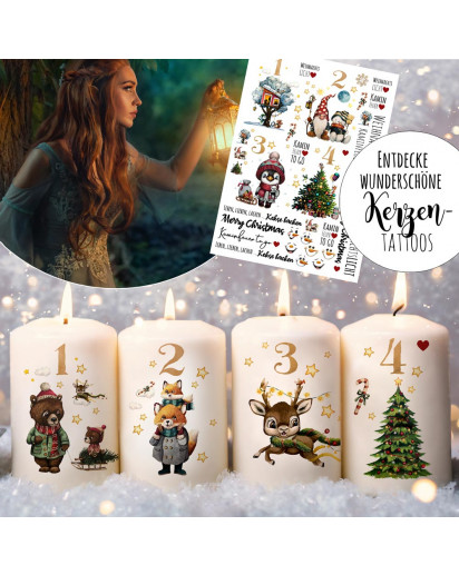 Kerzensticker Kerzentattoos Tattoofolie Weihnachten Winter Tiere Fuchs Rentier Schneemann für Kerzen oder Keramik A4 Bogen DIY Stickerbogen kst96