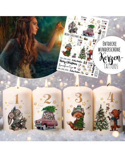 Kerzensticker Kerzentattoos Tattoofolie Weihnachten Winter Tiere Fuchs Hase Schneemann Auto für Kerzen oder Keramik A4 Bogen DIY Stickerbogen kst97