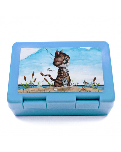Lunchbox Brotdose blau mit Katze Kater Angelkater & Name Wunschname Geschenk Einschulung Schule Kindergarten LB11