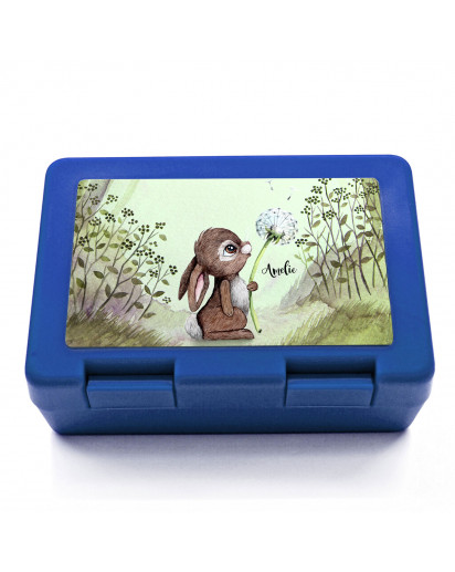 Lunchbox Brotdose blau Hase Häschen mit Pusteblume & Name Wunschname Geschenk Einschulung Schule Kindergarten LB14