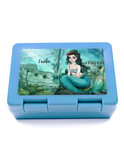 Lunchbox Brotdose blau mit Meerjungfrau versunkenes Schiff & Name Wunschname Geschenk Einschulung Schule Kindergarten LB17