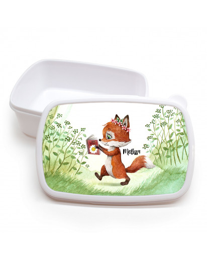 Lunchbox Brotdose weiß Fuchs Füchschen mit Buch & Wunschname Geschenk Schulbeginn Kindergarten LBr13