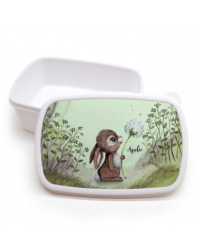 Lunchbox Brotdose weiß Hase Häschen mit Pusteblume im Wald & Wunschname Geschenk Einschulung Kindergarten LBr14