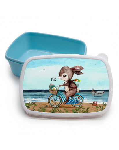 Lunchbox Brotdose blau Hase Häschen auf Fahrrad am Meer & Wunschname Geschenk Einschulung Kindergarten LBr15