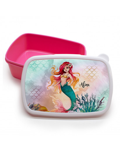 Lunchbox Brotdose rosa Meerjungfrau Korallen mit Wunschname Geschenk Schulanfang Kindergarten LBr18