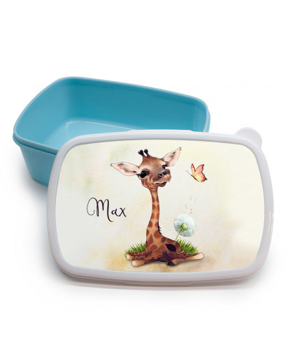 Lunchbox Brotdose blau Giraffe mit Pusteblume & Name Wunschname Geschenk Einschulung Schule Kindergarten LBr22