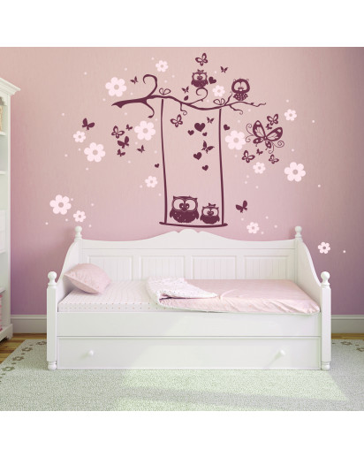 Hauptbild Wandtattoo Eulenschaukel Eulen auf Ast mit Blüten und Schmetterlingen zweifarbig wall decal owl swing owls on branch with blossoms and butterflies bicolor M1024