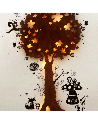 Detailbild Schlummerlampe Nachtlampe Kinderlampe Wandlampe Zauberbaum mit Waldtieren Füchsen Eulen wall lamp snooze light nightlight chidren lamp magic tree with forest animals foxes owls M1267