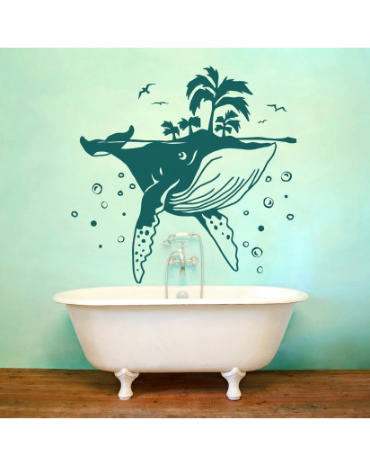 Wandtattoo Wal mit Insel Palmen Luftblasen Möwen Vögel perfekt fürs Badezimmer Wanddeko M2420