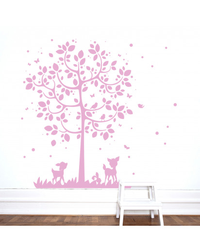 Wandtattoo Wandsticker Baum mit Reh Hasen Vögel Schmetterlinge und Punkte Wall decal tree with deer rabbits birds butterflies and dots M2126_H.jpg