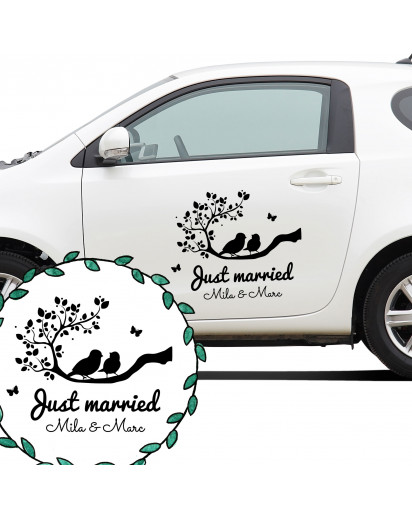 Autoaufkleber Autotattoo Hochzeit Vögel auf Zeig mit Spruch Just married mit Namen Car sticker car tattoo wedding with quote saying just married and desired names M2137_H.jpg