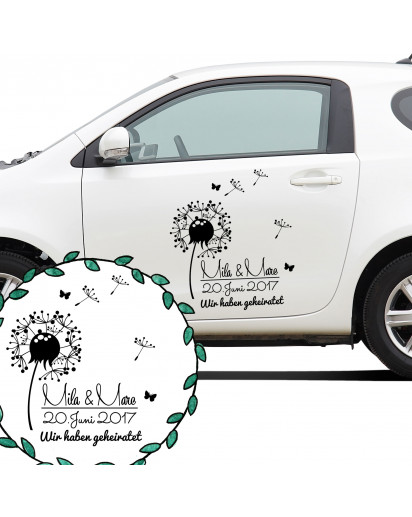 Autoaufkleber Autotattoo Hochzeit Trauung Vermählung mit Pusteblume Namen Datum und Spruch Wir haben geheiratet Car sticker car tattoo wedding with dandelion desired name wedding date and quote just married M2143_H.jpg