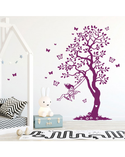 Wandtattoo Baum Elfe Fee auf Schaukel & Schmetterlinge Kinderzimmer Wanddeko Wandgestaltung M2335