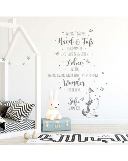Wandtattoo Babyzimmer Spruch Einhorn Zitat & Schmetterlinge Kinderzimmer Wanddeko Wandgestaltung mit Namen & Datum M2339