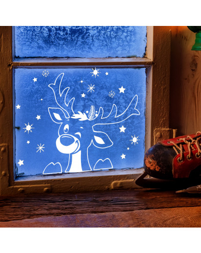 Fensterbild Elch Hirsch im Schnee Schneeflocken Sterne Winterlandschaft Fensterdeko Kinderzimmer M2407