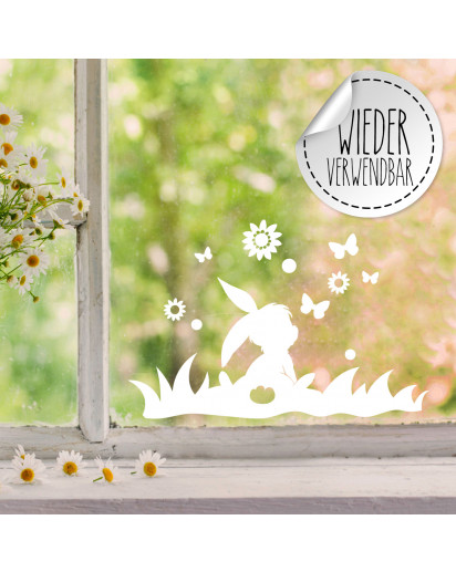 Fensterbild Hase Häschen im Gras Schmetterlinge Blumen wiederverwendbar Frühling Frühlingsdeko Ostern Osterdeko Fensterdeko Fensterbilder M2450