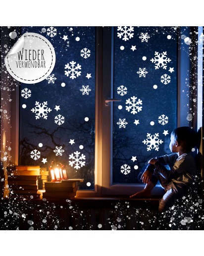 Fensterbild Winterdeko Weihnachten Schneeflocken-Set XXL 168 Teile 4 Bögen -wiederverwendbar- Fensterdeko Winter Fensterbilder M2485
