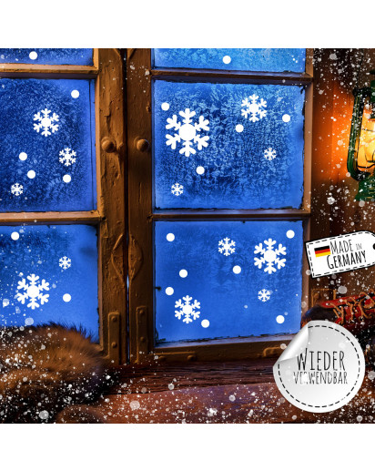 Fensterbild Winterdeko Weihnachten Schneeflocken-Set 63 Teile 2 Bögen -wiederverwendbar- Fensterdeko Winter Fensterbilder Aufkleber M2487