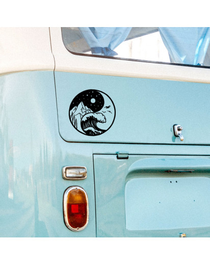 Autotattoo Aufkleber Kreis mit Ying Yang Berge Meer Wald Wellen Sticker Auto Bus Wohnmobil M2503