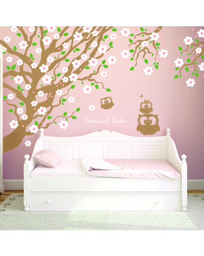 Wandtattoo Kirschbaum mit Eulen Kirschblüten und Spruch träum süß mit Wunschname Wandaufkleber Wandsticker Aufkleber Sticker vierfarbig wall decal cherry tree with owls cherry blossoms saying sweet dreams and custom name wall mural wall tattoo wall sticke