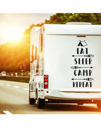 Autotattoo Camping Heckscheibenaufkleber Wohnwagen Sticker eat sleep camp repeat Autosticker Wohnmobil M2377