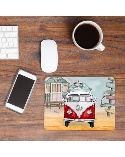 Mousepad mouse pad Mauspad roter Bulli Bus mit Surf Boards Surfbretter & Name Wunschnamen mp55